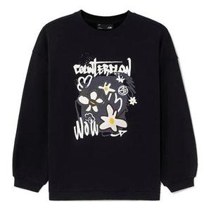 Свитера cf спортивная мода серия цветы алфавит печать свободный флисовая подкладка круглый ворот пуловер с капюшоном Li-Ning, черный