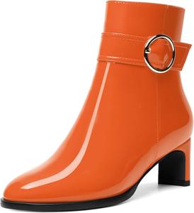 Женские ботильоны MODENCOCO с лакированной пряжкой, повседневные, для свадьбы, с молнией, с ремешком на щиколотке, с круглым носком, массивным низким каблуком 2 дюйма, Orange