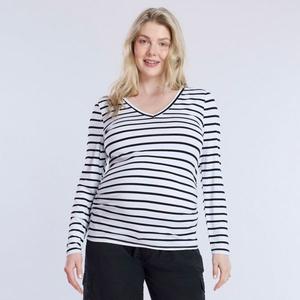 Блузка для беременных с v-образным вырезом, длинными рукавами и сборками по бокам Motherhood, цвет white black stripe