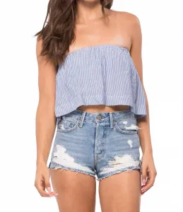 Топ Lina с оборками и открытыми плечами в синюю полоску из джинсовой ткани Blue Life