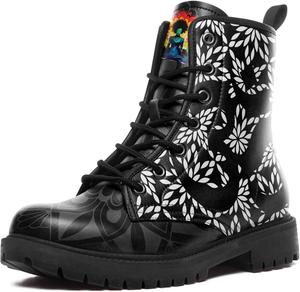 Женские бохо кожаные ботинки в стиле милитари на шнуровке с мандалами, цветочными и абстрактными узорами для комфортной повседневной носки AWSOLE, White Black