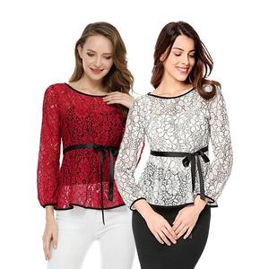 2 упаковки женских элегантных блуз с длинным рукавом и кружевным пеплумом Inspire Chic, Red White