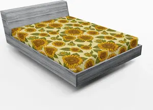 Простыня на резинке ABAKUHAUS Подсолнух, необычный стиль, подсолнух в пастельных тонах, ностальгический винтажный принт, 160 x 200 см, зелено-желтый Abakuhaus