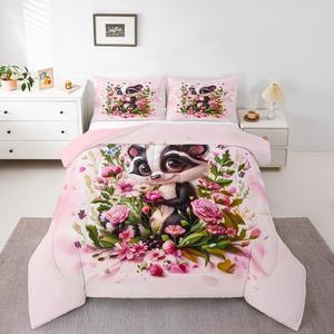 Erosebridal Детский комплект постельного белья Cartoon Skunk с милыми мультяшными скунсами и цветочным принтом, Pink Black Green