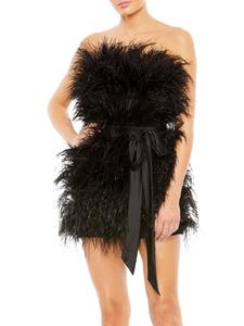 Мини-платье без бретелек с перьями страуса Mac Duggal, черный