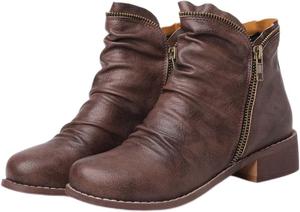 Женские винтажные кожаные водонепроницаемые ботинки на молнии, плиссированные ботильоны с боковой молнией, с круглым носком, короткие ботинки, зимние повседневные и нарядные обувь ZJWBB, Brown