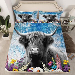 Erosebridal Фиттед простыня с принтом коровы хайленд в синем омбре, богемский цветочный комплект постельного белья, Blue Grey Purple
