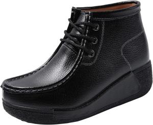 Женские зимние ботинки-лоферы из кожи на платформе, модные зимние ботинки с круглым носком, шнуровкой, на щиколотку, противоскользящие низкие трекинговые обувь Generic, Black