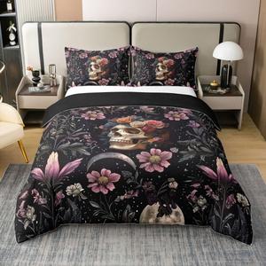 Erosebridal Готический комплект постельного белья из 100% хлопка, винтажный скелетный принт, бохо-флоральный стиль, галактический звездный небосвод с луной, Black Pink White Dark Green