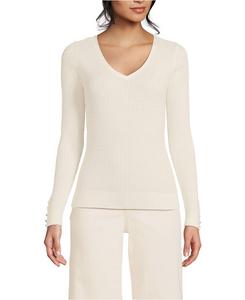 Женский свитер из тонкого хлопка с V-образным вырезом и косами, детский Lands' End, Fresh ivory