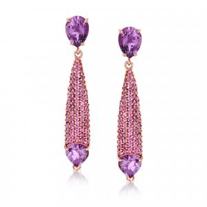 Серьги-подвески Ross-Simons с аметистом и родолитом из 18-каратного розового золота поверх стерлингового серебра Ross-Simons, фиолетовый