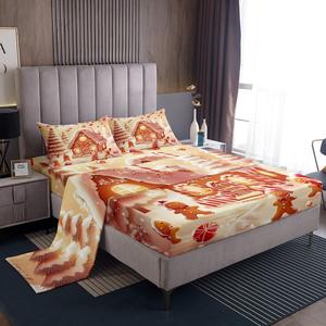 Erosebridal Комплект постельного белья с новогодним принтом домика пряничного человечка, Beige Pink