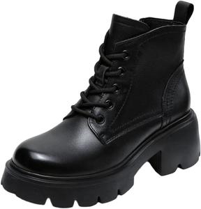 Женские ретро ботинки DBFBDTU с толстой подошвой, короткие, теплые, массивные, из натуральной кожи, с толстым каблуком и на щиколотке, 38(Us-7.5) Black Without Plush