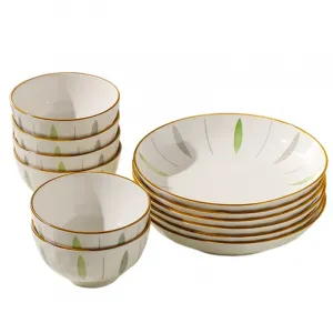 Набор посуды Kawasimaya, кремовый/зеленый/золотой, 6 тарелок 11,5 см и 6 тарелок 18 см