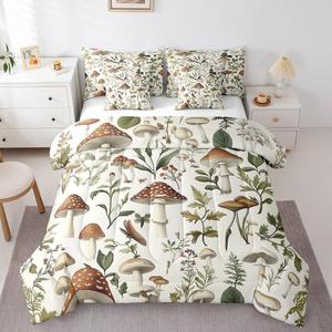 Erosebridal Комплект постельного белья Mushroom Full Size с 3D принтом грибов, ботанические растения и листья, всесезонный, Brown Green White