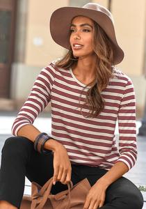 LASCANA Женский полосатый топ с рукавами 3/4, цвет bordeaux cream