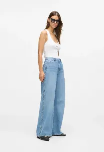 Джинсы с высокой посадкой, широкими штанинами и расклешенным низом, украшенные заклепками. Karl Lagerfeld, Light Blue Denim