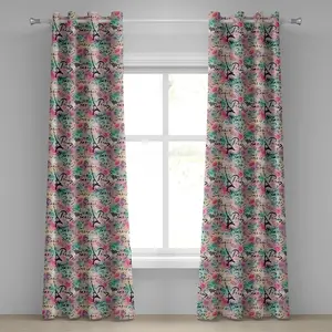 Шторы на люверсах ABAKUHAUS Paris, изысканные французские элементы на цветочных розах, клетчатые сердечки, романтическая тематика, декоративные двухпанельные шторы, 280 см x 260 см, цвет: бледно-зеленый, цвет морской волны