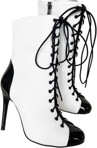Ботильоны Frankie Hsu на высоком каблуке-стилетто, черно-белые, лакированные, модные и удобные, большого размера, с шнуровкой, короткие, на щиколотку, для женщин и мужчин