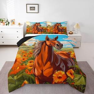 Erosebridal Комплект постельного белья Western Horse в стиле кантри с цветочным принтом и фермерскими животными, Brown Blue Orange