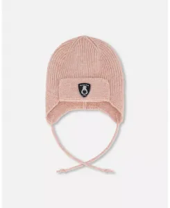 Вязаная шапка для девочки на подкладке с ушками и завязками, цвет пыльно-розовый - Baby|Toddler Deux par Deux