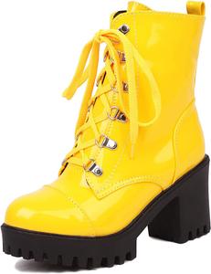 Женские ботильоны Elbslutt с платформой и массивным каблуком, в стиле милитари, из лакированной кожи, на шнуровке, с широким каблуком и боковой молнией, Yellow