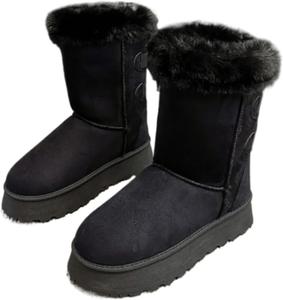 Женские зимние ботинки на платформе из замши с бантом сзади, массивной подошвой, без застежки, с меховой подкладкой для холодной погоды Azttoztto, Black