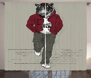 Штора ABAKUHAUS Modern Rustic, с изображением головы льва и тигра, для подростков, для спальни, присборенная, с петлями и крючками, 280 x 245 см, цвет: красный, шалфей, зеленый, черный