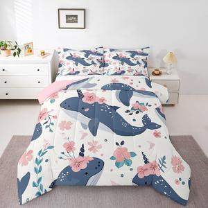 Erosebridal Комплект постельного белья Unicorn Whale с милыми мультяшными океанскими животными в сине-розовой морской тематике для детей, Pink Blue White