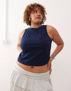 Топ COLLUSION Plus с косой горловиной в рубчик, темно-синий