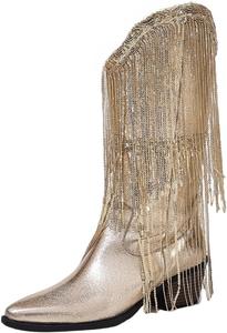 Женские ботильоны на массивном каблуке в стиле вестерн с бахромой сбоку и плетеным ремешком типа веревки Generic, Gold01