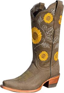 Женские сапоги ZBYY до колена, зимние с квадратным носком, вестерн-ковбойские, средняя голень, низкий каблук, ботильоны с цветочной вышивкой, Khaki