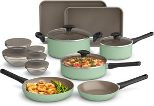 Набор кухонной посуды bella, 21 предмет с керамическим антипригарным покрытием EverGood, подходит для посудомоечной машины и духовки, подходит для всех видов плит, крышки из закаленного стекла и ненагревающиеся ручки, Seaglass