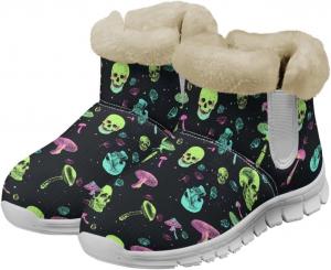 Зимние ботинки Howilath с принтом грибов для женщин, противоскользящие с меховой подкладкой, пушистые снежные сапоги, Green Skull Mushroom