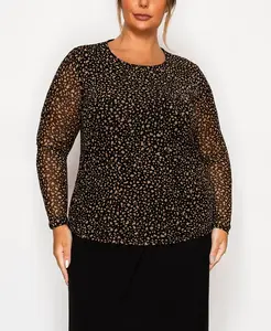 Топ с круглым вырезом и длинными рукавами из сетчатой ​​ткани с эффектом камешкового плетения размера плюс COIN 1804, мультиколор