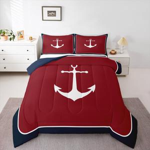 Erosebridal Комплект постельного белья Red Blue Nautical с винтажными якорями в морской тематике, Red,blue