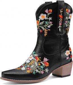 Женские ковбойские ботинки Arqa с вышивкой цветов Винтажные западные ботильоны на массивном каблуке Ковбойские ботинки на пуговицах, Black