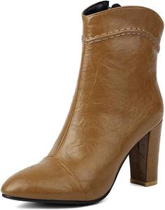 Женские ботильоны с острым носком, широким каблуком и боковой молнией, зимние нарядные короткие сапожки JOEUSTY, Brown-Velvet Lined