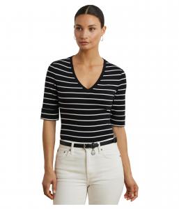 Футболка Lauren Ralph Lauren Striped Cotton Elbow-Sleeve V-Neck Tee, черный/белый