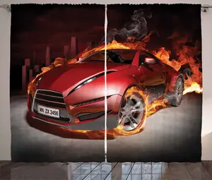 Шторы ABAKUHAUS Rustic Car, спортивный автомобиль с выжженными шинами, универсальные, для гостиной, с петлями и крючками, 280 x 225 см, цвет: оранжевый, черный, красный Abakuhaus
