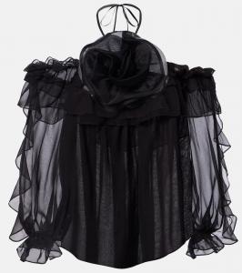 Топ из шелкового тюля с цветочной аппликацией Carolina Herrera, Black