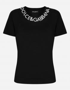 Футболка из трикотажа с вышивкой логотипа на воротнике Dolce & Gabbana, черный