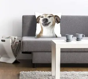 Декоративная подушка Queence "Франка", с ухмыляющейся собачкой, чехол без наполнения, 1 шт 40х40 см, коричневый/черный