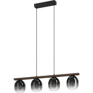 Подвесной светильник FILAGO, сталь, дерево и стекло, E27, IP20, для столовой, 1 шт., 4-кусковой подвесной светильник - для кухни, столовой или гостиной Eglo, черный/коричневый