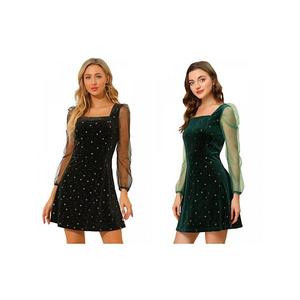 2 упаковки женского платья с длинными рукавами из сетки и бархата Allegra K, Black Green