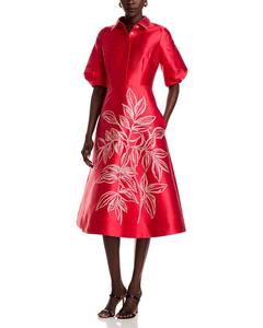 Платье с рукавами-фонариками и принтом по краю из газа Teri Jon by Rickie Freeman, красный