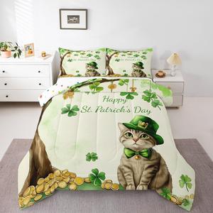 Erosebridal Комплект постельного белья St. Patricks Day с котиками и клеверами, реверсивный, Green Grey