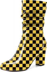 Женские ботильоны Zamikoo с свободным силуэтом, толстым каблуком и круглым носком, с молнией сбоку, модные обувь без застежки, короткие ботильоны, удобные нарядные ботинки, каблук 3,5 дюйма, Checkered Yellow