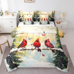 Erosebridal Комплект постельного белья King Red Cardinal с рождественским декором снежных птиц и бабочек, Red and Green
