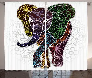 Штора ABAKUHAUS Слон в деревенском стиле с цветочным этническим узором, универсальная ленточная штора для гостиной с петлями и крючками, 280 x 225 см, бежево-зеленый и желтый Abakuhaus